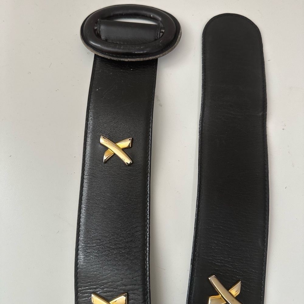 Vintage Paloma Picasso Black Leather Wide Waist Belt Gold Tone X Hardware Size S - Picture 6 of 11